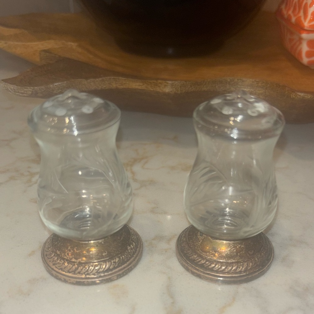 Vintage Etched Glass Salt and Pepper Shakers with Silver Base
